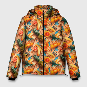 Мужская зимняя куртка 3D с принтом Цитрусы и ананасы в Екатеринбурге, верх — 100% полиэстер; подкладка — 100% полиэстер; утеплитель — 100% полиэстер | длина ниже бедра, свободный силуэт Оверсайз. Есть воротник-стойка, отстегивающийся капюшон и ветрозащитная планка. 

Боковые карманы с листочкой на кнопках и внутренний карман на молнии. | 