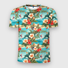 Мужская футболка 3D Slim с принтом Летние гавайские цветы в Курске, 100% полиэстер с улучшенными характеристиками | приталенный силуэт, круглая горловина, широкие плечи, сужается к линии бедра | 