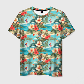 Мужская футболка 3D с принтом Летние гавайские цветы в Курске, 100% полиэфир | прямой крой, круглый вырез горловины, длина до линии бедер | Тематика изображения на принте: 