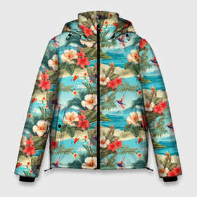 Мужская зимняя куртка 3D с принтом Летние гавайские цветы в Белгороде, верх — 100% полиэстер; подкладка — 100% полиэстер; утеплитель — 100% полиэстер | длина ниже бедра, свободный силуэт Оверсайз. Есть воротник-стойка, отстегивающийся капюшон и ветрозащитная планка. 

Боковые карманы с листочкой на кнопках и внутренний карман на молнии. | 