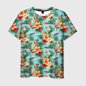 Мужская футболка 3D с принтом Цветы и попугаи в Санкт-Петербурге, 100% полиэфир | прямой крой, круглый вырез горловины, длина до линии бедер | 