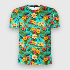 Мужская футболка 3D Slim с принтом Яркие цветы летние в Петрозаводске, 100% полиэстер с улучшенными характеристиками | приталенный силуэт, круглая горловина, широкие плечи, сужается к линии бедра | 
