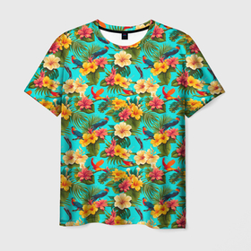 Мужская футболка 3D с принтом Яркие цветы летние в Екатеринбурге, 100% полиэфир | прямой крой, круглый вырез горловины, длина до линии бедер | 