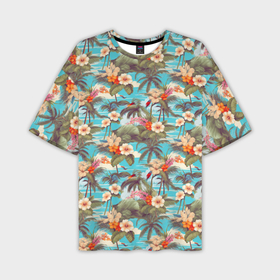 Мужская футболка oversize 3D с принтом Летние цветочки и пальмы летний паттерн ,  |  | 