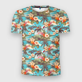 Мужская футболка 3D Slim с принтом Летние цветочки и пальмы летний паттерн в Кировске, 100% полиэстер с улучшенными характеристиками | приталенный силуэт, круглая горловина, широкие плечи, сужается к линии бедра | 