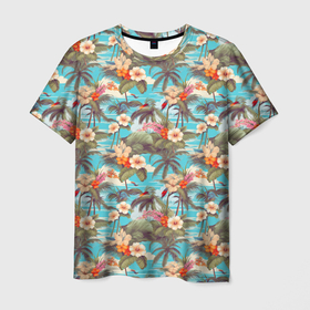 Мужская футболка 3D с принтом Летние цветочки и пальмы летний паттерн в Кировске, 100% полиэфир | прямой крой, круглый вырез горловины, длина до линии бедер | Тематика изображения на принте: 
