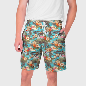 Мужские шорты 3D с принтом Летние цветочки и пальмы летний паттерн ,  полиэстер 100% | прямой крой, два кармана без застежек по бокам. Мягкая трикотажная резинка на поясе, внутри которой широкие завязки. Длина чуть выше колен | 