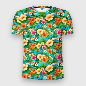 Мужская футболка 3D Slim с принтом Летние цветы паттерн в Петрозаводске, 100% полиэстер с улучшенными характеристиками | приталенный силуэт, круглая горловина, широкие плечи, сужается к линии бедра | 