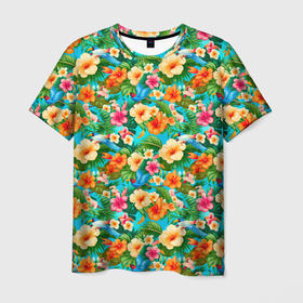 Мужская футболка 3D с принтом Летние цветы паттерн в Екатеринбурге, 100% полиэфир | прямой крой, круглый вырез горловины, длина до линии бедер | 
