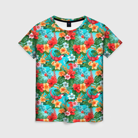 Женская футболка 3D с принтом Гавайские  летние цветы в Санкт-Петербурге, 100% полиэфир ( синтетическое хлопкоподобное полотно) | прямой крой, круглый вырез горловины, длина до линии бедер | 