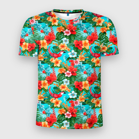 Мужская футболка 3D Slim с принтом Гавайские  летние цветы в Курске, 100% полиэстер с улучшенными характеристиками | приталенный силуэт, круглая горловина, широкие плечи, сужается к линии бедра | 