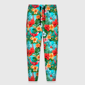 Мужские брюки 3D с принтом Гавайские  летние цветы в Петрозаводске, 100% полиэстер | манжеты по низу, эластичный пояс регулируется шнурком, по бокам два кармана без застежек, внутренняя часть кармана из мелкой сетки | 
