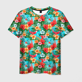 Мужская футболка 3D с принтом Гавайские  летние цветы в Екатеринбурге, 100% полиэфир | прямой крой, круглый вырез горловины, длина до линии бедер | 