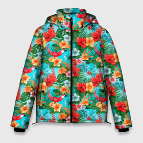 Мужская зимняя куртка 3D с принтом Гавайские  летние цветы в Белгороде, верх — 100% полиэстер; подкладка — 100% полиэстер; утеплитель — 100% полиэстер | длина ниже бедра, свободный силуэт Оверсайз. Есть воротник-стойка, отстегивающийся капюшон и ветрозащитная планка. 

Боковые карманы с листочкой на кнопках и внутренний карман на молнии. | 
