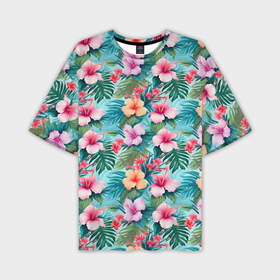 Мужская футболка oversize 3D с принтом Светлые гавайские цветы в Курске,  |  | 