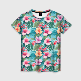 Женская футболка 3D с принтом Светлые гавайские цветы в Санкт-Петербурге, 100% полиэфир ( синтетическое хлопкоподобное полотно) | прямой крой, круглый вырез горловины, длина до линии бедер | 