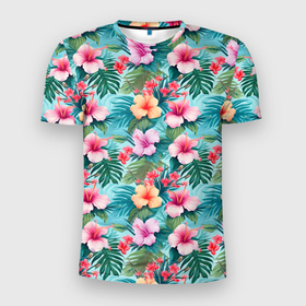 Мужская футболка 3D Slim с принтом Светлые гавайские цветы в Курске, 100% полиэстер с улучшенными характеристиками | приталенный силуэт, круглая горловина, широкие плечи, сужается к линии бедра | 
