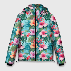 Мужская зимняя куртка 3D с принтом Светлые гавайские цветы в Белгороде, верх — 100% полиэстер; подкладка — 100% полиэстер; утеплитель — 100% полиэстер | длина ниже бедра, свободный силуэт Оверсайз. Есть воротник-стойка, отстегивающийся капюшон и ветрозащитная планка. 

Боковые карманы с листочкой на кнопках и внутренний карман на молнии. | 