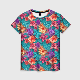 Женская футболка 3D с принтом Объемные гавайские цветы в Санкт-Петербурге, 100% полиэфир ( синтетическое хлопкоподобное полотно) | прямой крой, круглый вырез горловины, длина до линии бедер | 