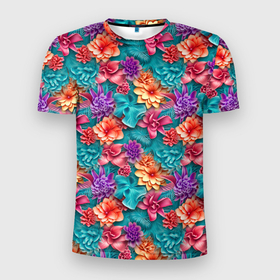 Мужская футболка 3D Slim с принтом Объемные гавайские цветы в Курске, 100% полиэстер с улучшенными характеристиками | приталенный силуэт, круглая горловина, широкие плечи, сужается к линии бедра | 
