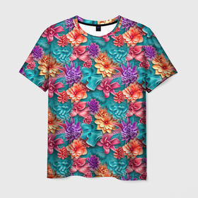 Мужская футболка 3D с принтом Объемные гавайские цветы , 100% полиэфир | прямой крой, круглый вырез горловины, длина до линии бедер | Тематика изображения на принте: 