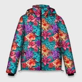 Мужская зимняя куртка 3D с принтом Объемные гавайские цветы , верх — 100% полиэстер; подкладка — 100% полиэстер; утеплитель — 100% полиэстер | длина ниже бедра, свободный силуэт Оверсайз. Есть воротник-стойка, отстегивающийся капюшон и ветрозащитная планка. 

Боковые карманы с листочкой на кнопках и внутренний карман на молнии. | 