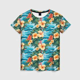 Женская футболка 3D с принтом Цветы  гавайские в Санкт-Петербурге, 100% полиэфир ( синтетическое хлопкоподобное полотно) | прямой крой, круглый вырез горловины, длина до линии бедер | 