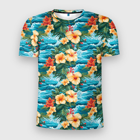 Мужская футболка 3D Slim с принтом Цветы  гавайские в Курске, 100% полиэстер с улучшенными характеристиками | приталенный силуэт, круглая горловина, широкие плечи, сужается к линии бедра | 
