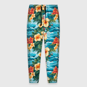 Мужские брюки 3D с принтом Цветы  гавайские в Петрозаводске, 100% полиэстер | манжеты по низу, эластичный пояс регулируется шнурком, по бокам два кармана без застежек, внутренняя часть кармана из мелкой сетки | 