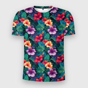 Мужская футболка 3D Slim с принтом Объемные  цветы гавайские в Курске, 100% полиэстер с улучшенными характеристиками | приталенный силуэт, круглая горловина, широкие плечи, сужается к линии бедра | 