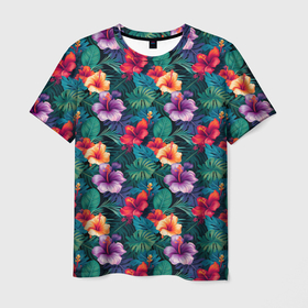 Мужская футболка 3D с принтом Объемные  цветы гавайские , 100% полиэфир | прямой крой, круглый вырез горловины, длина до линии бедер | 