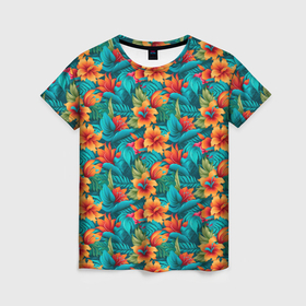 Женская футболка 3D с принтом Оранжевые и синие цветы в Кировске, 100% полиэфир ( синтетическое хлопкоподобное полотно) | прямой крой, круглый вырез горловины, длина до линии бедер | 