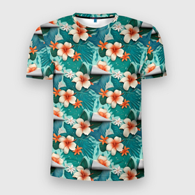 Мужская футболка 3D Slim с принтом Белые гавайские     цветы в Курске, 100% полиэстер с улучшенными характеристиками | приталенный силуэт, круглая горловина, широкие плечи, сужается к линии бедра | 