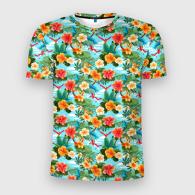 Мужская футболка 3D Slim с принтом Разные гавайские цветы в Курске, 100% полиэстер с улучшенными характеристиками | приталенный силуэт, круглая горловина, широкие плечи, сужается к линии бедра | 