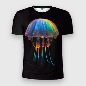 Мужская футболка 3D Slim с принтом яркая медуза на глубине рисунок в Курске, 100% полиэстер с улучшенными характеристиками | приталенный силуэт, круглая горловина, широкие плечи, сужается к линии бедра | 