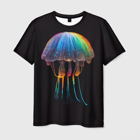 Мужская футболка 3D с принтом яркая медуза на глубине рисунок в Екатеринбурге, 100% полиэфир | прямой крой, круглый вырез горловины, длина до линии бедер | 