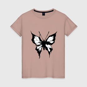 Женская футболка хлопок с принтом Черная бабочка , 100% хлопок | прямой крой, круглый вырез горловины, длина до линии бедер, слегка спущенное плечо | 