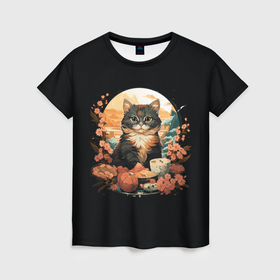 Женская футболка 3D с принтом Пушистая японская кошка за обедом в Рязани, 100% полиэфир ( синтетическое хлопкоподобное полотно) | прямой крой, круглый вырез горловины, длина до линии бедер | 