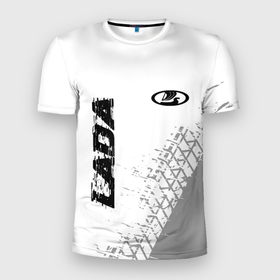 Мужская футболка 3D Slim с принтом LADA speed на светлом фоне со следами шин: надпись, символ , 100% полиэстер с улучшенными характеристиками | приталенный силуэт, круглая горловина, широкие плечи, сужается к линии бедра | 