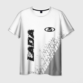 Мужская футболка 3D с принтом LADA speed на светлом фоне со следами шин: надпись, символ в Санкт-Петербурге, 100% полиэфир | прямой крой, круглый вырез горловины, длина до линии бедер | 