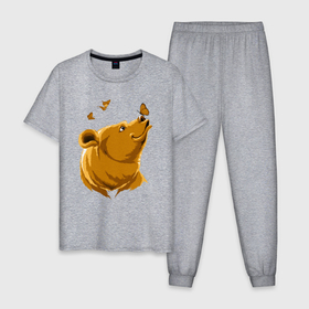 Мужская пижама хлопок с принтом Медведь и бабочки в Петрозаводске, 100% хлопок | брюки и футболка прямого кроя, без карманов, на брюках мягкая резинка на поясе и по низу штанин
 | Тематика изображения на принте: 
