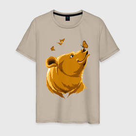 Мужская футболка хлопок с принтом Медведь и бабочки в Петрозаводске, 100% хлопок | прямой крой, круглый вырез горловины, длина до линии бедер, слегка спущенное плечо. | Тематика изображения на принте: 