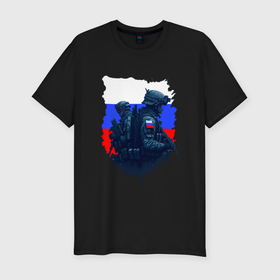 Мужская футболка хлопок Slim с принтом Военные РФ и флаг   neuro art в Кировске, 92% хлопок, 8% лайкра | приталенный силуэт, круглый вырез ворота, длина до линии бедра, короткий рукав | 