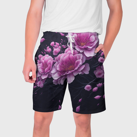 Мужские шорты 3D с принтом Ветки цветущей розовой сакуры ,  полиэстер 100% | прямой крой, два кармана без застежек по бокам. Мягкая трикотажная резинка на поясе, внутри которой широкие завязки. Длина чуть выше колен | 