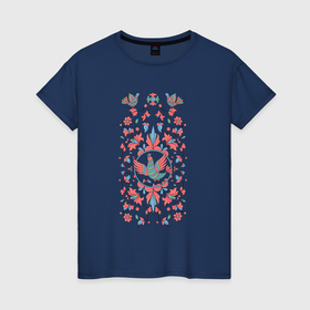 Женская футболка хлопок с принтом Орнамент с птицами в стиле пермогорской росписи , 100% хлопок | прямой крой, круглый вырез горловины, длина до линии бедер, слегка спущенное плечо | 
