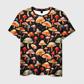 Мужская футболка 3D с принтом Разноцветный грибной паттерн в Белгороде, 100% полиэфир | прямой крой, круглый вырез горловины, длина до линии бедер | 