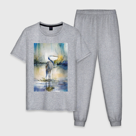 Мужская пижама хлопок с принтом Цапля на озере   акварель   нейросеть , 100% хлопок | брюки и футболка прямого кроя, без карманов, на брюках мягкая резинка на поясе и по низу штанин
 | 