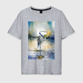 Мужская футболка хлопок Oversize с принтом Цапля на озере   акварель   нейросеть , 100% хлопок | свободный крой, круглый ворот, “спинка” длиннее передней части | 