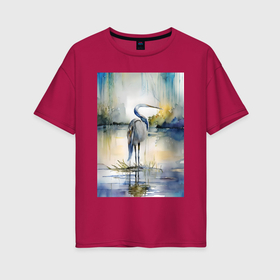 Женская футболка хлопок Oversize с принтом Цапля на озере   акварель   нейросеть в Курске, 100% хлопок | свободный крой, круглый ворот, спущенный рукав, длина до линии бедер
 | 