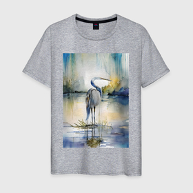 Мужская футболка хлопок с принтом Цапля на озере   акварель   нейросеть , 100% хлопок | прямой крой, круглый вырез горловины, длина до линии бедер, слегка спущенное плечо. | 